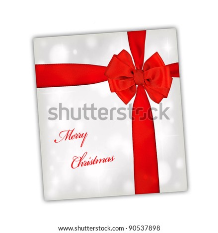 Merry Christmas greeting card wrapped with red ribbon, big silk bow over silver paper postcard, beautiful Christmastime gift, romantic present