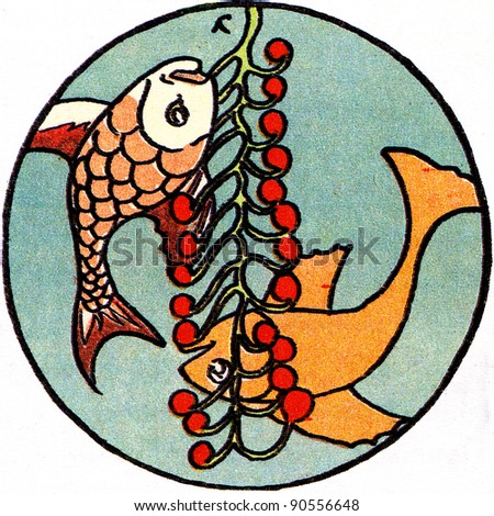 two fishes in the round, illustration Nikolai Ulyanov, the book tale of a colorful fish, publisher Joseph Knebel, Moscow, Russia, 1914