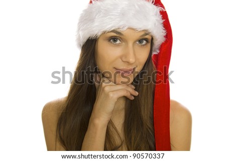 Santa woman wearing Santa hat. Christmas woman portrait of a cute, beautiful Caucasian model. Isolated on white background