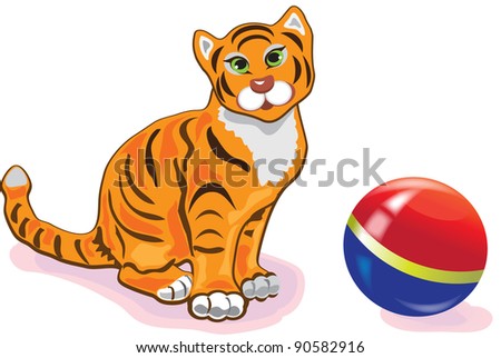 happy birthday card with tiger and ball on the white background