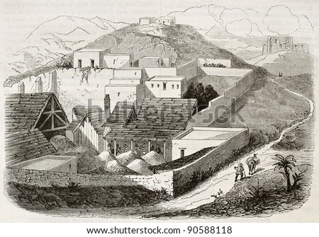 Rayas silver mine establishment old illustration, Guanajuato, Mexico. Created by Fores, published on Magasin Pittoresque, Paris, 1844