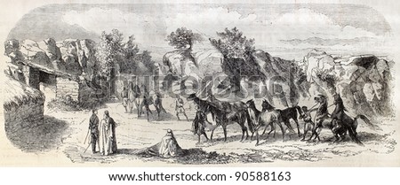Souk Ahras surroundings, Algeria: entry of Ain-Guettar stallions stud. Created by Janet-Lange after Lefebvre, published on L'Illustration, Journal Universel, Paris, 1858