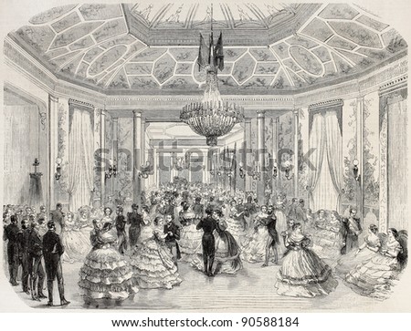 Grand Ball offered in Le Havre by Brazilian navy officers in occasion of Brazilian emperor birthday. Created by Godefroy-Durand after Barbin, published on L'Illustration Journal Universel, Paris, 1858