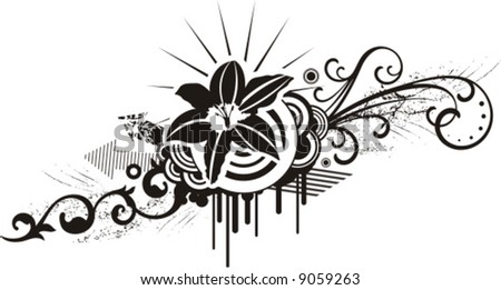 Black and white floral design with grunge details, vector illustration series.