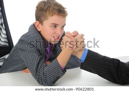 little boy and a man businessman arm wrestling. Isolated on white background
