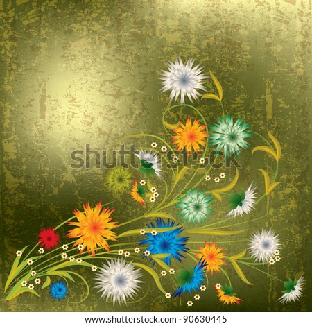 abstract grunge illustration with spring flowers on gold
