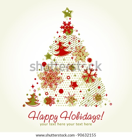 Stylized Christmas tree shaped card with snowflakes, xmas fir trees and stars on a halftone background