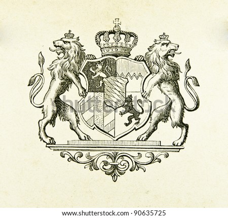 Coat of arms of kingdom of Bavaria. Illustration by Alwin Zschiesche, published on "Illustrierts Briefmarken Album", Leipzig, 1885. Royalty-Free Stock Photo #90635725