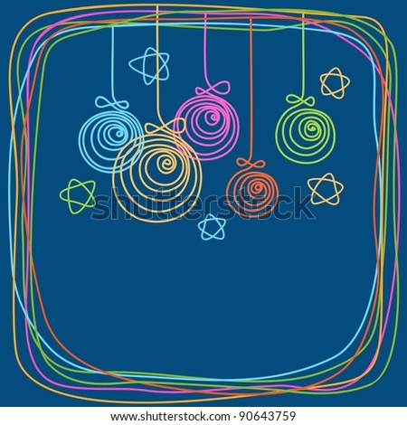 Abstract christmas and new year's background in vector. Card with linear christmas balls, stars and frame of doodles. Space for text