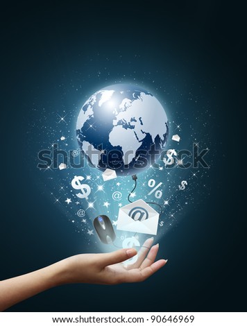Hand holding business collection, Earth, Envelope, E-Mail, money, black mouse, internet