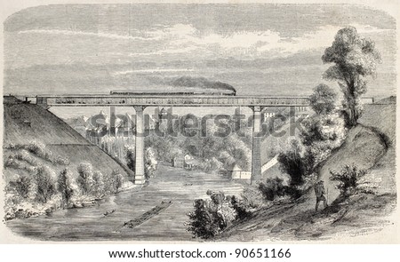 Railway viaduct over Aar river, near Berne, Switzerland. Created by Ficoht, published on L'Illustration, Journal Universel, Paris, 1858