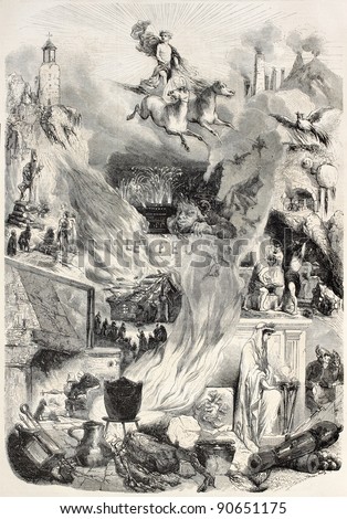 Fire old allegoric illustration. Created by Nanteuil, published on L'Illustration, Journal Universel, Paris, 1858