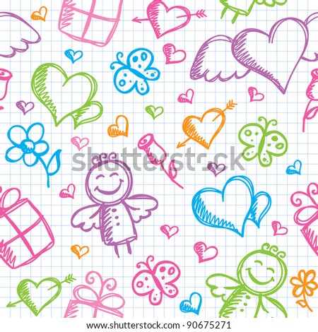 romantic seamless pattern with hand drawn elements