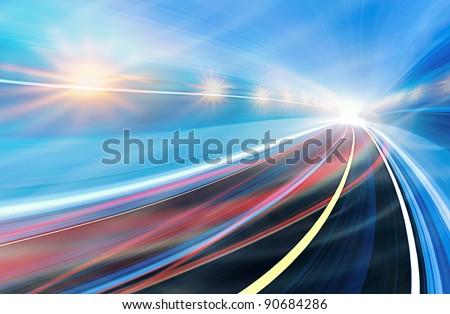 Abstract speed motion in urban highway road tunnel, blurred motion toward the light. Computer generated colorful illustration. Light trails, fiber optics technology background.