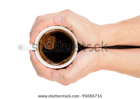 Two hands holding a cup of fresh coffee. Isolated on white background