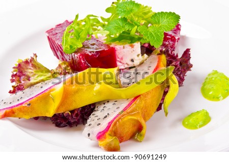 Beetroot horseradish tureen with avocado cream and Pitaya