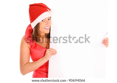 A picture of a woman Santa holding a white board and smiling over white background