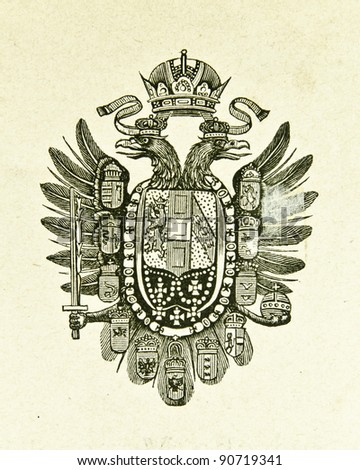 Coat of arms of East-Hungarian monarchy. Illustration by Alwin Zschiesche, published on "Illustrierts Briefmarken Album", Leipzig, 1885.