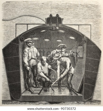 Nautilus submarine interior old illustration. Created by Feyen, published on L'Illustration, Journal Universel, Paris, 1858