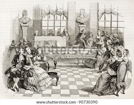 18th century home concert, old illustration. Created by Saint-Aubin, published on Magasin Pittoresque, Paris, 1844