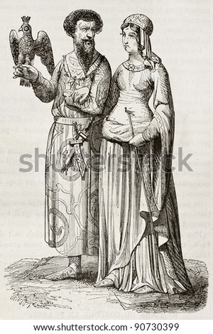 Medieval nobleman and noblewoman old illustration. Created by Herbe and Viel-Castel, published on Magasin Pittoresque, Paris, 1844