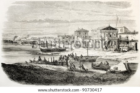Les Catalans old view, Marseilles coastal district. Created by Crapelet, published on L'Illustration, Journal Universel, Paris, 1858