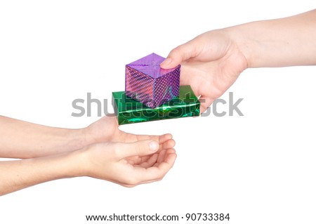 Hand with gift box. Isolated on white background
