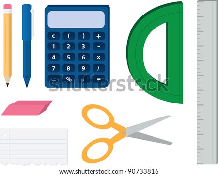 Various school supplies including pen and pencil, calculator, ruler, protractor, paper and scissors.
