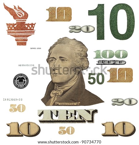 10 $ banknote, photo dollar bill elements isolated on white background