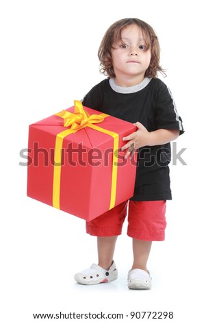 picture of boy with big gift box isolated over white background