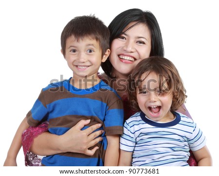 Portrait of a beautiful happy mother with smiling boy isolated on white background
