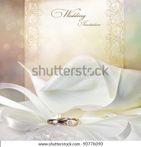 Wedding invitation card with calla lily and golden rings