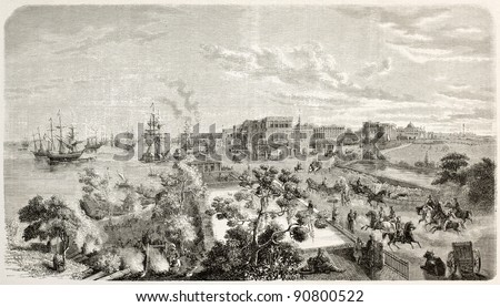 Kolkata: pier and cityscape old view from the customhouse. Created by Schoeft, published on L'Illustration, Journal Universel, Paris, 1858