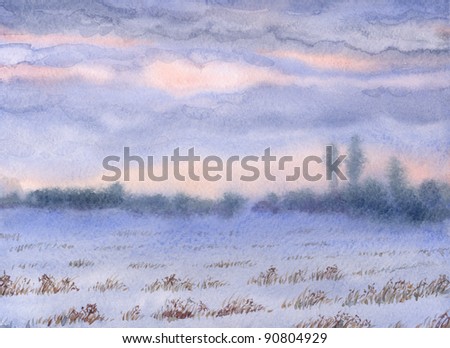 Watercolor landscape. Cloudy sunset over the winter the snow-covered steppe