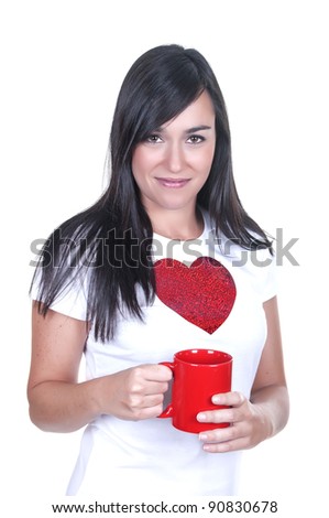 Closeup portrait of beautiful woman drinking coffee on white background