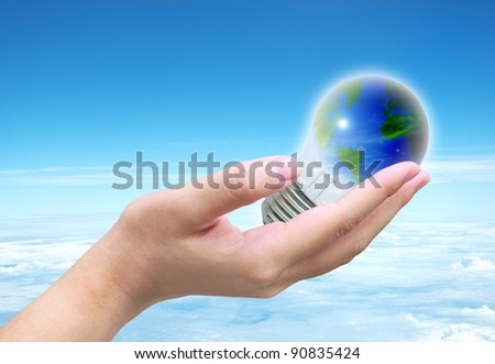 the world in light bulb on women hand