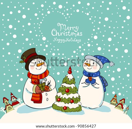 Loving couple of snowmen with gifts beside christmas tree.Greeting card