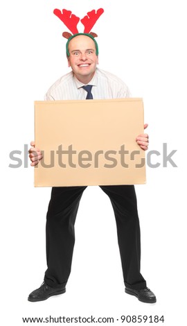 Funny picture of crazy businessman with empty sign. Christmas and new year party concept.