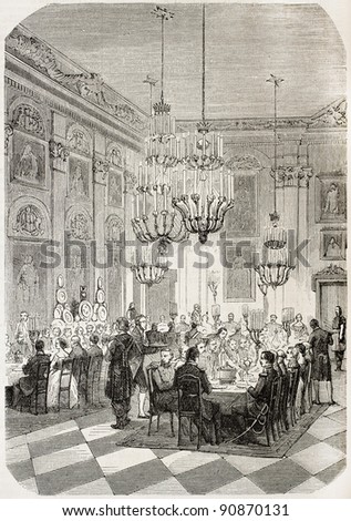 Banquet in Wilanow palace, Warsaw  (prince Jerome Napoleon and Alexander II of Russia meeting). Created by Godefroy-Durand, published on L'Illustration, Journal Universel, Paris, 1858
