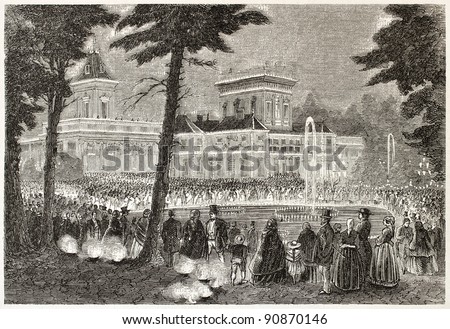 Wilanow palace nocturnal lighting, Warsaw (prince Jerome Napoleon and Alexander II of Russia meeting). Created by Ferat, published on L'Illustration, Journal Universel, Paris, 1858