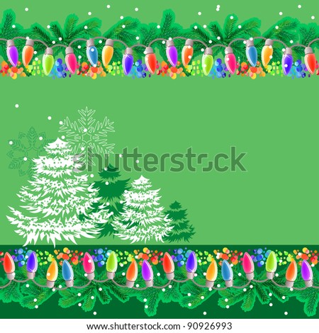 Greeting card with garland and winter trees. Raster version.