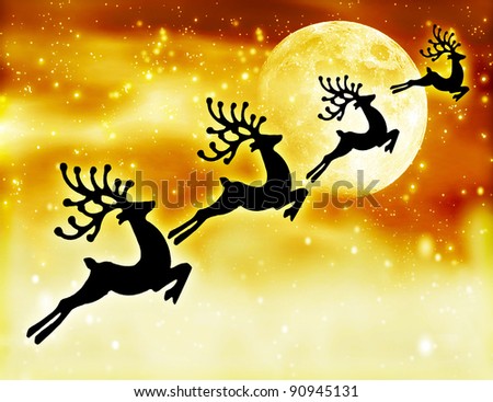 Christmas tree green border with big golden Santa's reindeer toy, hanging bauble,traditional ornament and decoration for winter holidays, isolated on white background, decorating home at Christmastime