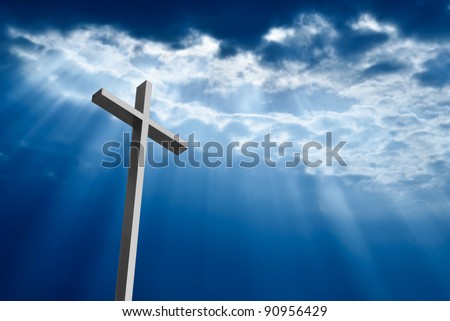 Dramatic deep blue Jesus light shining down on cross