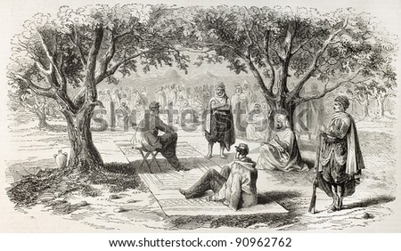 French military and Oued-el-Kebir tribes meeting, Algeria. Created by Janet-Lange after Bocher, published on L'Illustration, Journal Universel, Paris, 1858