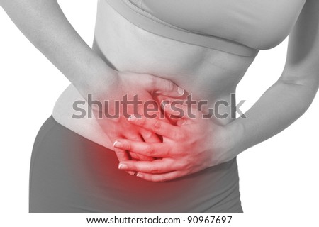 Acute pain in a woman stomatch.  Isolation on a white background