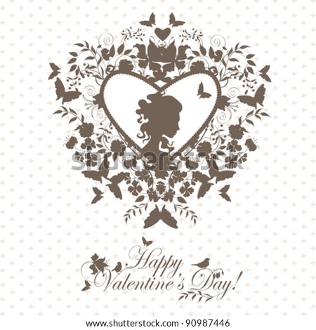 Stylish valentine background with decorative heart and girl face.