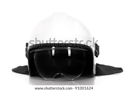 A picture of a white fire fighter helmet over white background