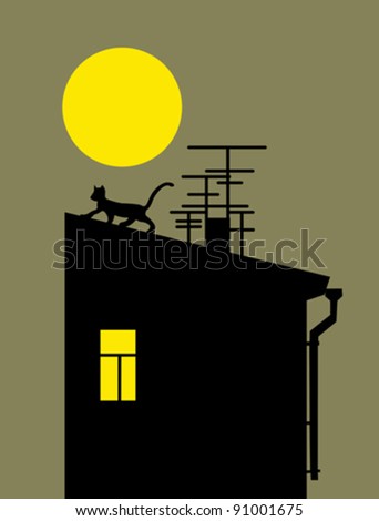 cat silhouette on home roof, vector illustration