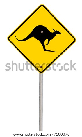 Kangaroo warning road sign, isolated on white.