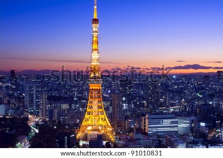 Tokyo Tower as the sun sets in the horizon